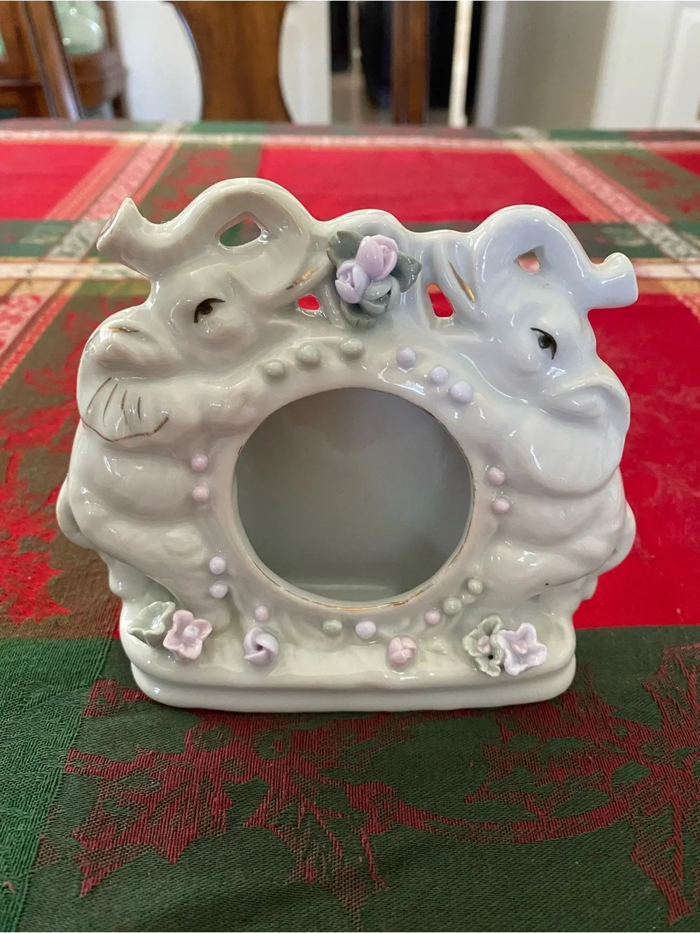 Vintage Loving Elephants White Ceramic Photo Frame with Pink Accent Flowers 5”